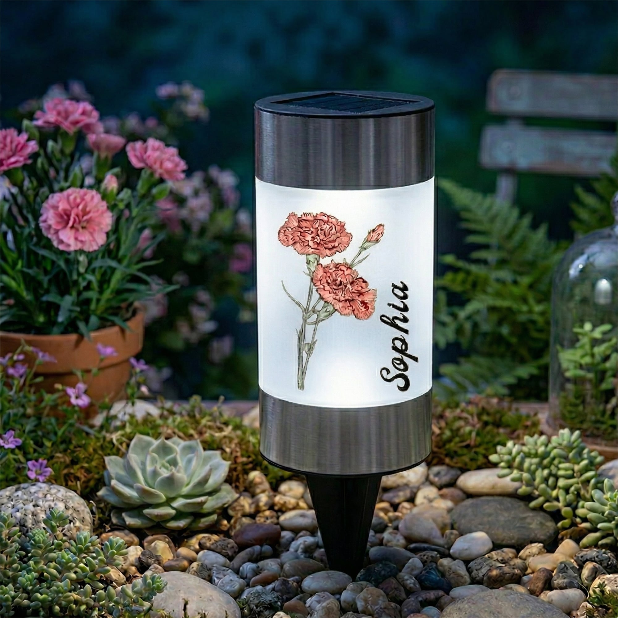 Personalisiertes Solar Grablicht mit Blumen & Namen | wetterfest | Garten | Friedhof | Erinnerungsgeschenk für Hinterbliebene
