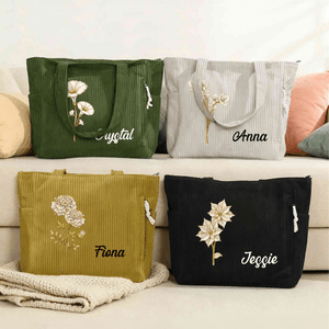 Personalised Birth Flower Corduroy Large Capacity Tote Bag with Name Daily Use Birthday Gift for Women Best Friend