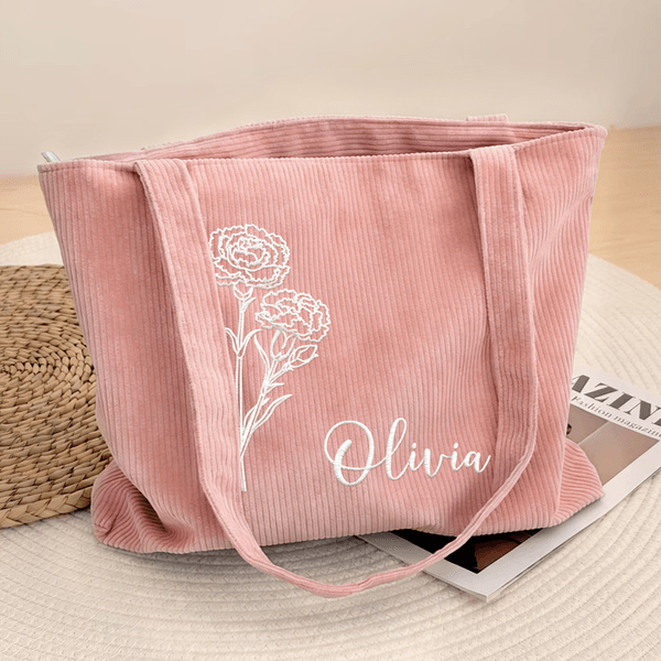 Personalizada Bordada Flor de Nacimiento Gran Capacidad Bolsa de Pana con Nombre Uso Diario Viaje Cumpleaños Día de la Madre Regalo para Mujer