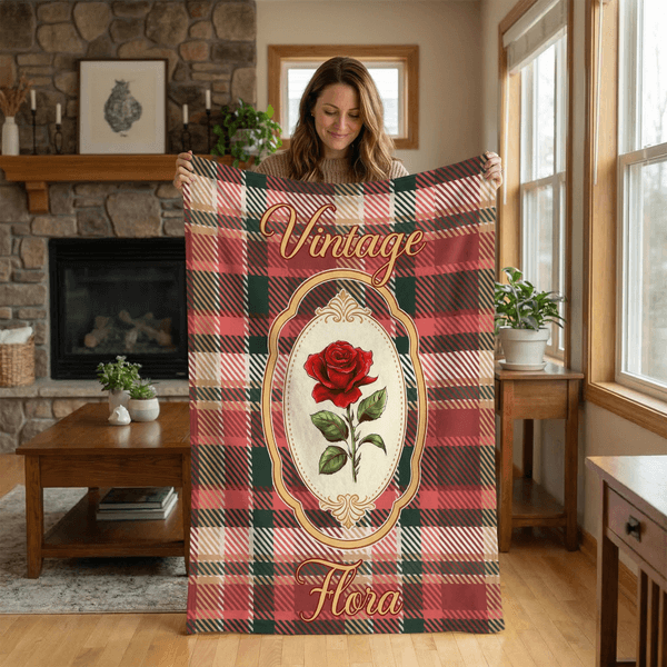 Couverture Personnalisée Vintage Plaid Birth Flower avec Nom Décoration Maison Fête des Mères Cadeau d'Anniversaire pour Maman Femme