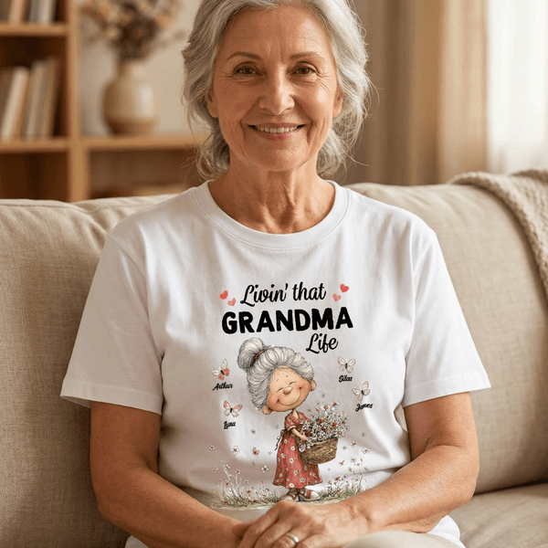 Personalized Multicolor Livin' That Grandma Happy Life Whimsical Style T-shirt with Name Mother's Day Gift for Mother Women Grandma