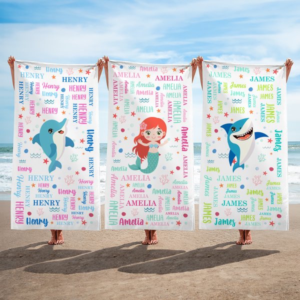 Spersonalizowany ręcznik plażowy Sea Animals Fantasy Mermaid Word Cloud Szybkoschnący Ręcznik plażowy z imieniem Letnie wakacje Codzienne użytkowanie Prezent urodzinowy dla dzieci