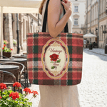 Personalized Birth Flower Plaid Large Tote Bag with Name Travel Bag Mother's Day Birthday Gift for Woman Mom