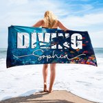 Henkilökohtainen Ocean Diver Silhouette Quick Dry Ylisuuri Mikrokuituliina rantapyyhe tekstillä Loma Essential syntymäpäivälahja Sukeltajille Sukellus ystäville