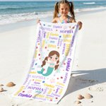Spersonalizowany ręcznik plażowy Sea Animals Fantasy Mermaid Word Cloud Szybkoschnący Ręcznik plażowy z imieniem Letnie wakacje Codzienne użytkowanie Prezent urodzinowy dla dzieci