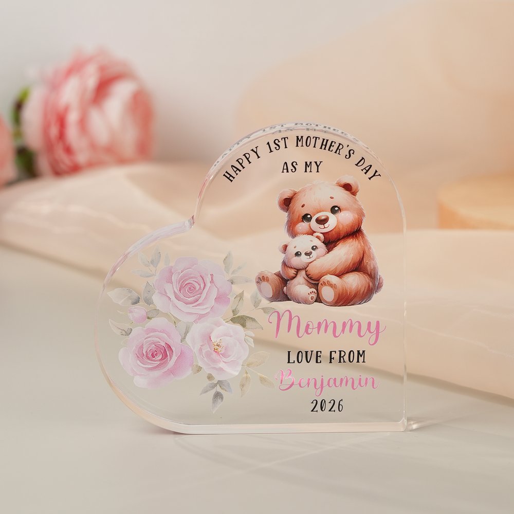 Personalized Happy 1st Mother's Day Cute Animal Heart-shape Acrylic Plaque with Name Desk Decor Mother's Day Birthday Gift for Mom 3