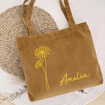 Gepersonaliseerde geborduurde geboorte bloem grote capaciteit Corduroy tas met naam dagelijks gebruik reizen verjaardag Moederdag cadeau voor vrouw