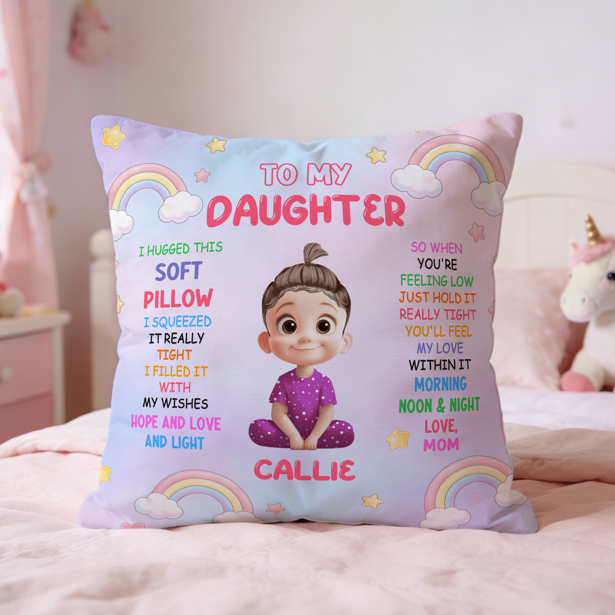 Personalisierte Regenbogen Stern Cartoon Charakter weichen Wurf Kissenbezug mit Namen und Titel Home Dekoration Kindertag Geschenk für Kinder