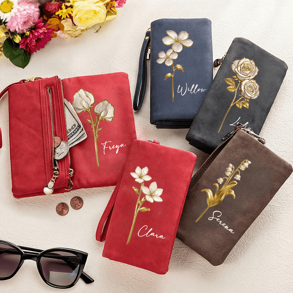 Personalized Birth Flower PU Leather Folded Wristlet Wallet with Name and Multiple Card Slots Birthday Anniversary Gift for Women