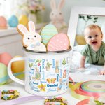 Personalized Cute Watercolor Easter Peter Rabbit Bunny Word Cloud 12 oz Enamel Mug with Name Easter Back to School Birthday Gift for Kids