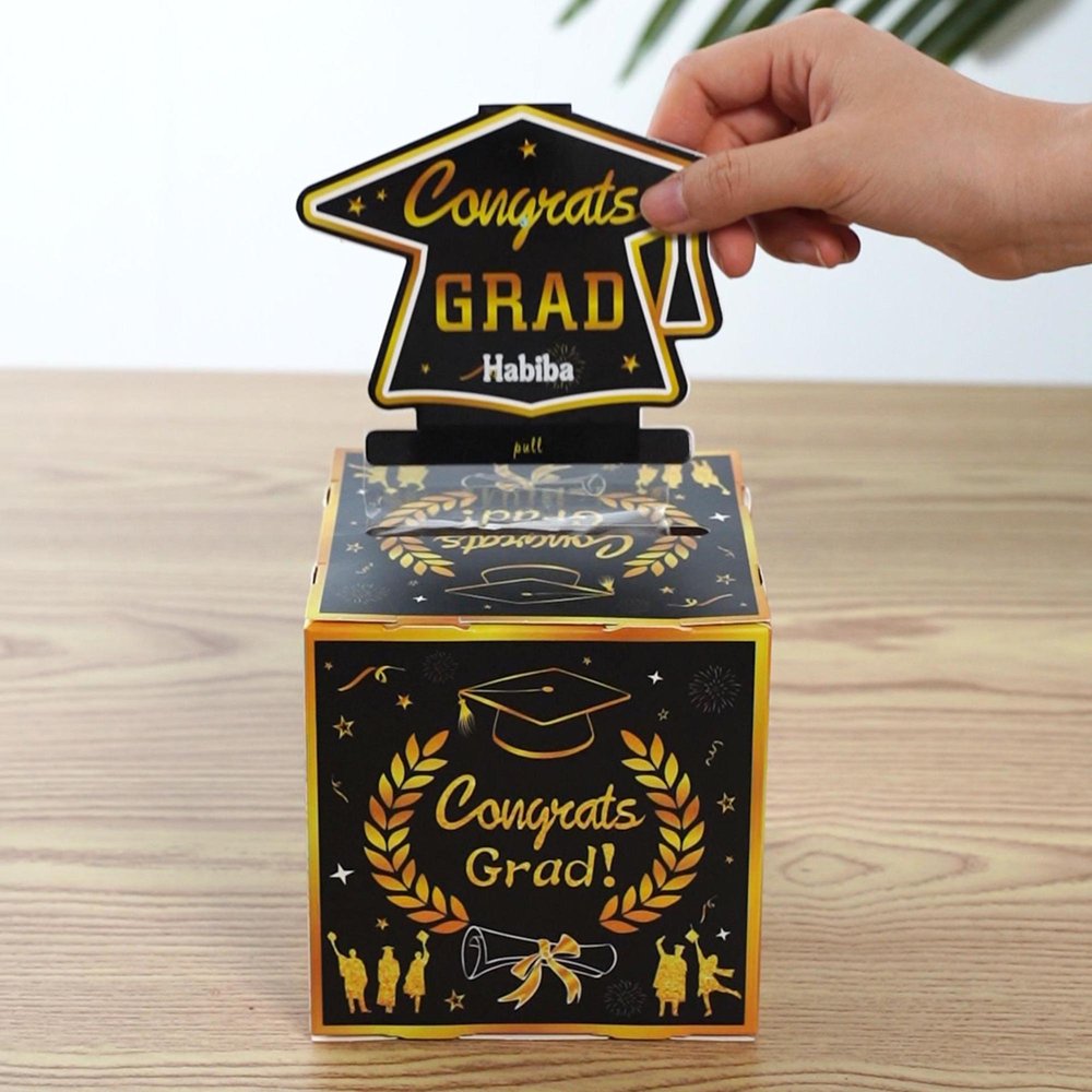 Personalized Graduation Cap Pattern Pull Out Money Holder Gift Box with Name and 30 Pcs Transparent Bags Graduation Gift for Graduates 3