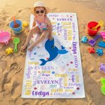 Spersonalizowany ręcznik plażowy Sea Animals Fantasy Mermaid Word Cloud Szybkoschnący Ręcznik plażowy z imieniem Letnie wakacje Codzienne użytkowanie Prezent urodzinowy dla dzieci