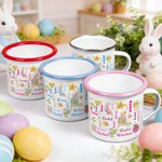 Personalized Cute Watercolor Easter Peter Rabbit Bunny Word Cloud 12 oz Enamel Mug with Name Easter Back to School Birthday Gift for Kids