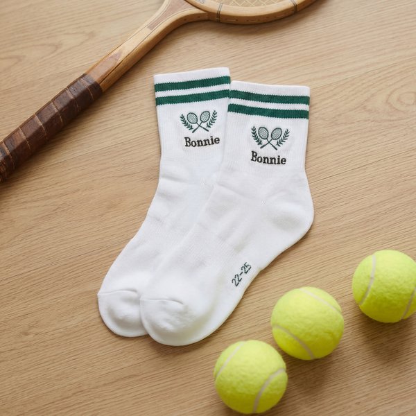 Personalized Embroidered Tennis Racket Pattern Soft Crew Sport Socks with Name Game Day Birthday Gift for Tennis Lovers Players