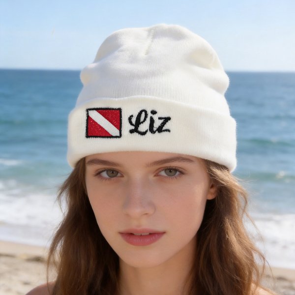 Gepersonaliseerde geborduurde Duiker Vlag Knit Zachte Beanie muts met Naam Duik Accessoire Verjaardag Dagelijks Gebruik Gift voor Duikliefhebber