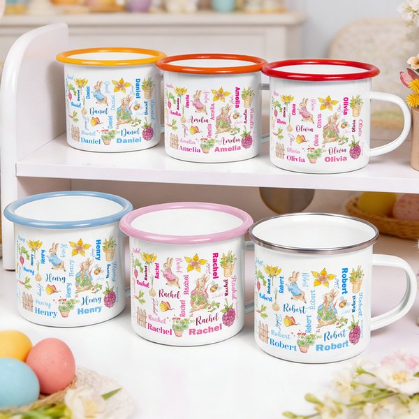 Personalized Cute Watercolor Easter Peter Rabbit Bunny Word Cloud 12 oz Enamel Mug with Name Easter Back to School Birthday Gift for Kids