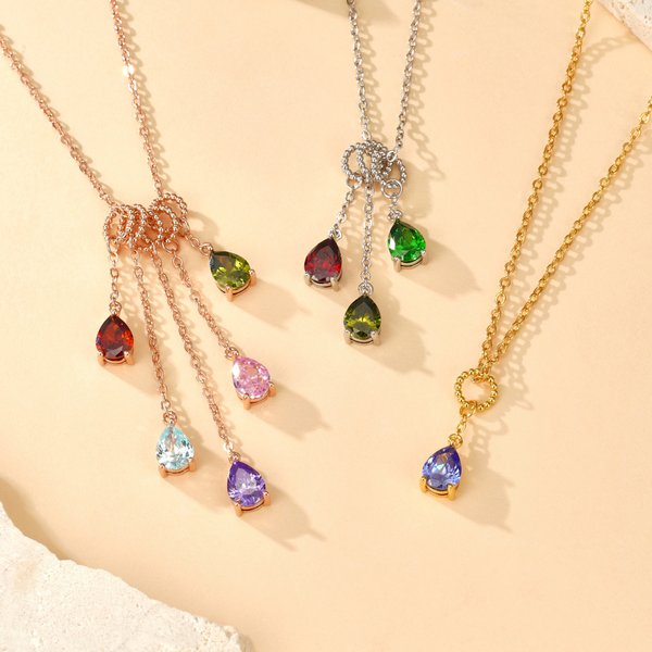 Personalized 1-5 Drop Shaped Birthstones Necklace Dainty Jewelry Mother's Day Birthday Gift for Women Mom Grandma
