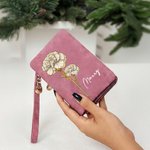 Personalized Birth Flower PU Leather Folded Wristlet Wallet with Name and Multiple Card Slots Birthday Anniversary Gift for Women