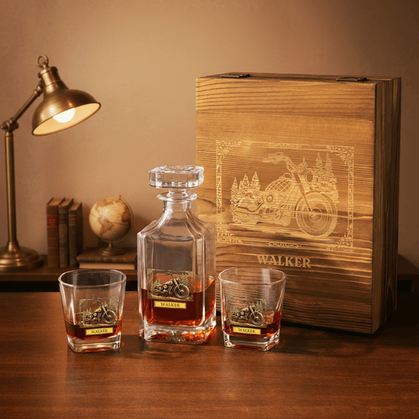 Personalized Vintage Motorcycle Square Pillar Decanter with Name Birthday Gift for Men Whiskey Lovers