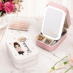 Personalized Cartoon Character Birth Flower PU Leather Jewelry Box with Name and LED Three-Color Adjustable Makeup Mirror Birthday Gift for Women