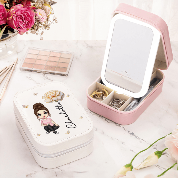 Personalized Cartoon Character Birth Flower PU Leather Jewellery Box with Name and LED Three-Colour Adjustable Makeup Mirror Birthday Gift for Women