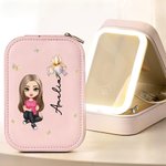 Personalizzato personaggio dei cartoni animati Fiore di nascita Scatola portagioie in pelle PU con nome e LED Specchio per il trucco regolabile a tre colori Regalo di compleanno per le donne