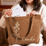 Gepersonaliseerde geborduurde geboorte bloem grote capaciteit Corduroy tas met naam dagelijks gebruik reizen verjaardag Moederdag cadeau voor vrouw