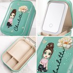 Personalizzato personaggio dei cartoni animati Fiore di nascita Scatola portagioie in pelle PU con nome e LED Specchio per il trucco regolabile a tre colori Regalo di compleanno per le donne