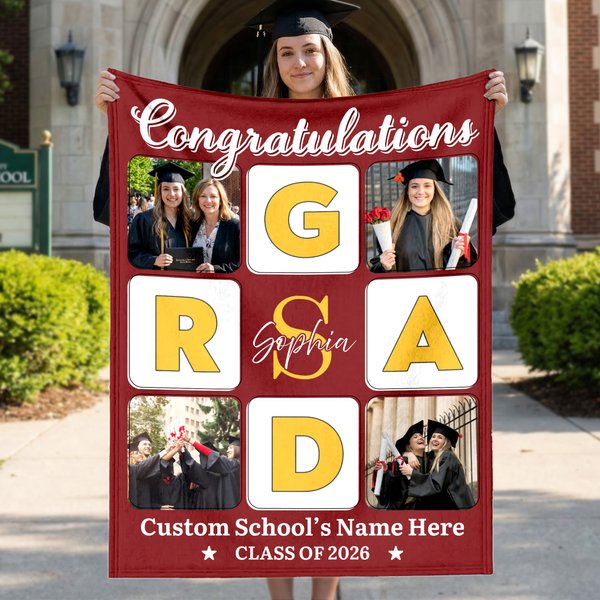 Personalized GRAD Letter Grid Photos School Name Soft Throw Blanket with Year and Name Graduation Gift for Graduates