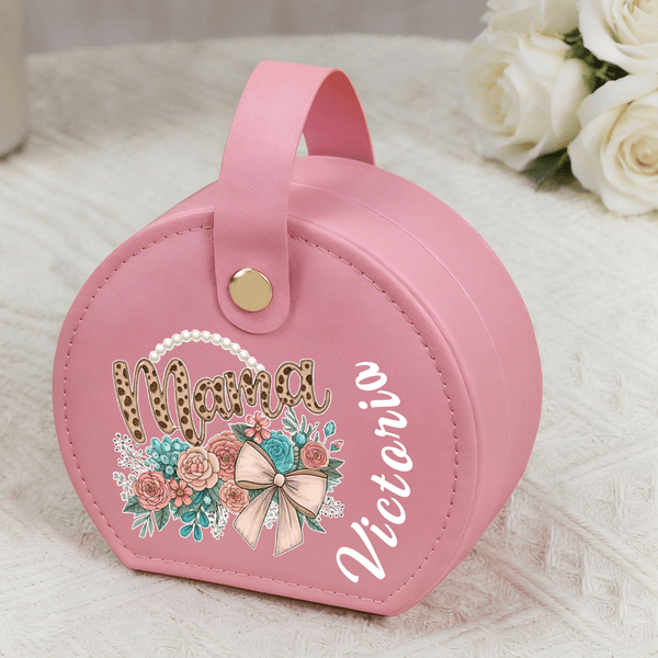 Personalized Mama Design Flower Bow PU Leather Travel Jewelry Box with Name and Handle Mother's Day Birthday Gift for Mom Grandma