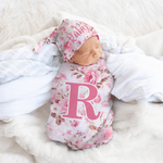 Personalized Watercolor Floral Pattern 100% Cotton Soft Swaddle Hat Set with Name and Initial Birthday Baby Shower Gift for Baby Newborn