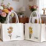 Personalizada Vintage Nacimiento Flor Lienzo Grande Bolsa Tote con Nombre Uso Diario Día de la Madre Cumpleaños Regalo para Mamá Abuela