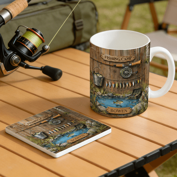 Personalised Fishing Camp Ceramic Mug with Name and Coaster Birthday Father's Day Anniversary Gift for Dad Grandpa Fishing Enthusiast