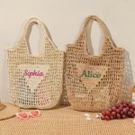 Personalised Multicolour Embroidered Name Raffia Woven Hollow Tote Bag Reusable Beach Travel Accessory Bridal Party Mother's Day Gift for Woman
