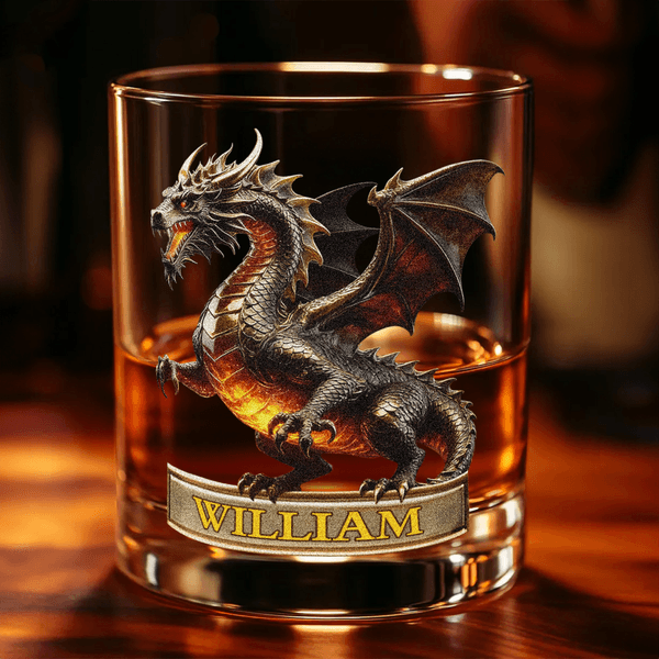 Personalisierte Retro Dragon 10 oz Rock Whiskey Glas mit Namen Geburtstag Geschenk für Mann Barkeeper Whiskey-Enthusiasten