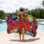 Personlig Doodle Style Quick Dry Oversized Microfiber Beach Handduk med Gradient Namn Sommar Semester Resa Användning Födelsedagspresent för familj vän barn