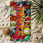 Serviette de plage surdimensionnée en microfibre à séchage rapide avec nom en dégradé personnalisée Doodle Style Summer Vacation Travel Use Birthday Gift for Family Friend Kid