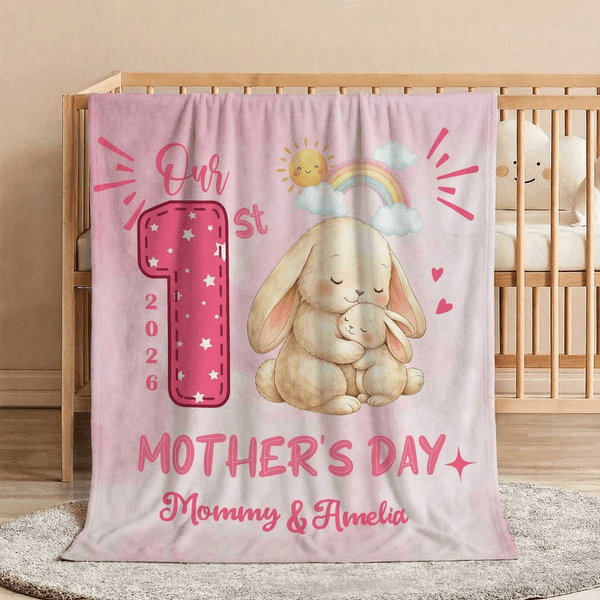Personalized Cute Animal Pattern Our 1st Mother's Day Soft Throw Blanket with Name and Year Home Decor Mother's Day Gift for New Mom Newborn