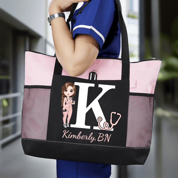 Personalized Cartoon Medical Character Initial Large Capacity Tote Bag with Name and Waterproof Lining Nurse Day Birthday Gift for Doctor Nurse