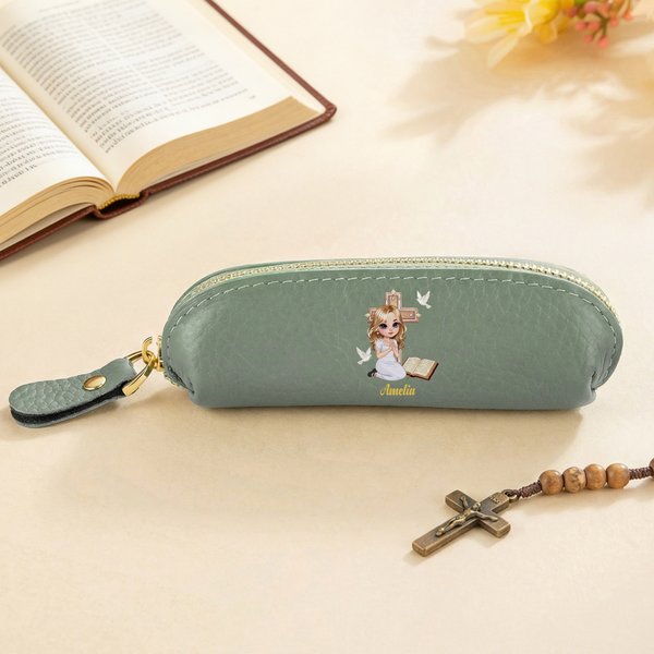 Personalized Cross Bible Book Cartoon Prayer Character Mini PU Leather Rosary Coin Purse with Name Baptism Confirmation Birthday Gift for Christians