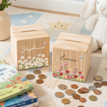 Personalised Birth Flower Wooden Piggy Bank Money Box with Name Back to School Children's Day Birthday Gift for Kids
