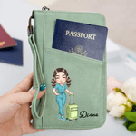 Personalised Nurse Cartoon Character PU Leather Passport Holder Wallet with Name Travel Essential Birthday Gift for Nurse Doctor Medical Staff