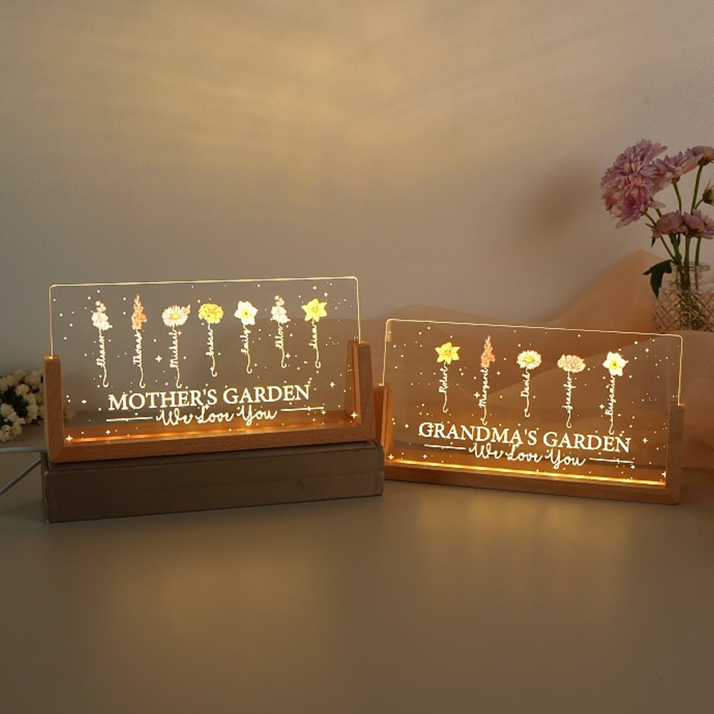 Personlig «We Love You»-fødselsblomst – rektangulært LED-nattlys i akryl med trefot og plass til 1–12 navn – morsdagsgave til mamma og bestemor 3