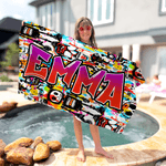 Personlig Doodle Style Quick Dry Oversized Microfiber Beach Handduk med Gradient Namn Sommar Semester Resa Användning Födelsedagspresent för familj vän barn