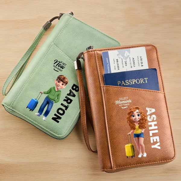 Gepersonaliseerde 3D Cartoon Travel Character PU Lederen Paspoort Houder Portemonnee met Naam en Quote Travel Essentieel Verjaardagscadeau voor Vrouwen Mannen