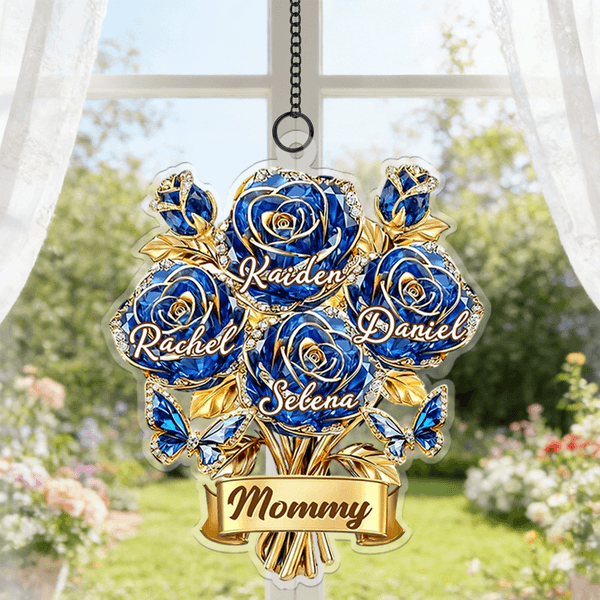 Personalized Crystal Rose Bouquet Butterfly Suncatcher Acrylic Ornament with 1-8 Names and Title Home Decor Mother's Day Birthday Gift for Family Mom