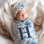 Personalized Watercolor Floral Pattern 100% Cotton Soft Swaddle Hat Set with Name and Initial Birthday Baby Shower Gift for Baby Newborn