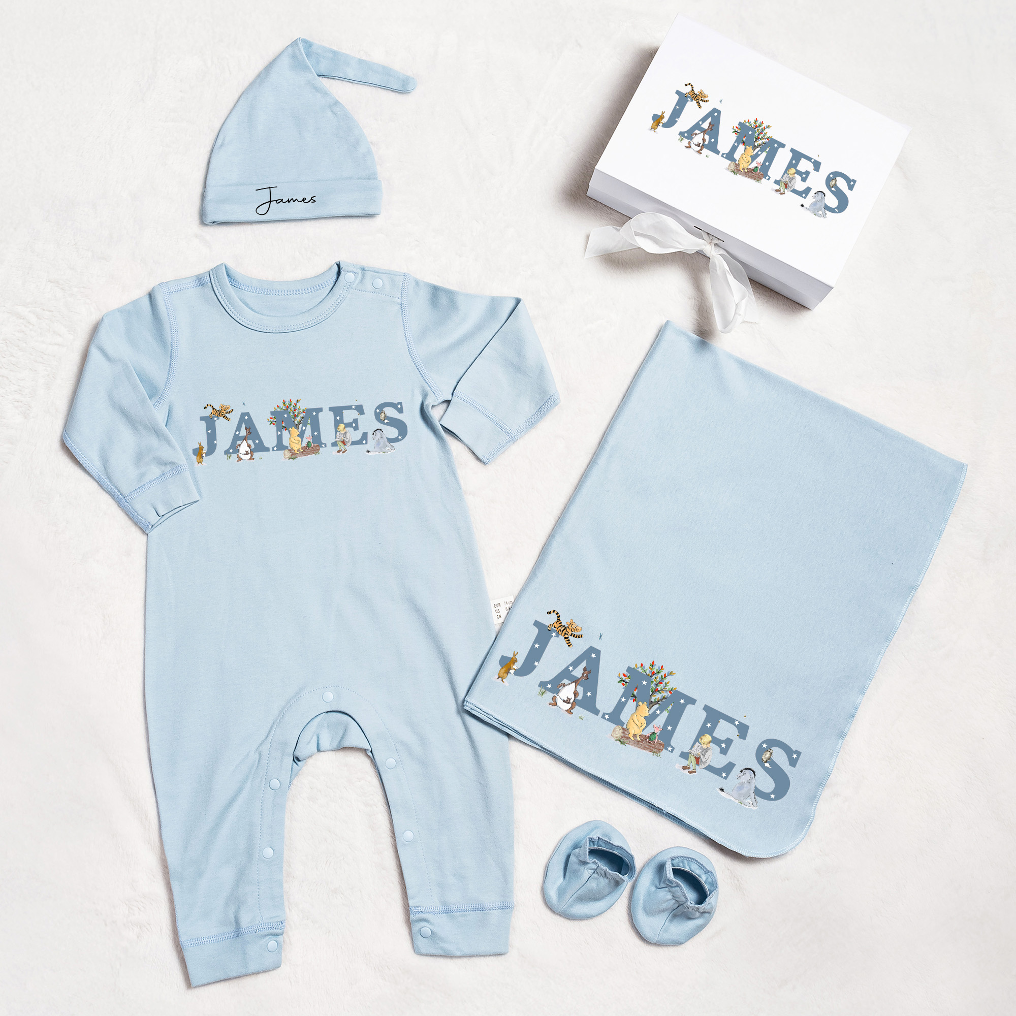 Personalized Classic Winnie the Pooh 100% Cotton Baby Romper Booties Hat Blanket Set with Gift Box and Name Coming Home Baby Shower Gift for Newborn