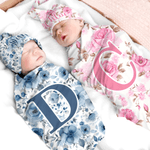 Personalized Watercolor Floral Pattern 100% Cotton Soft Swaddle Hat Set with Name and Initial Birthday Baby Shower Gift for Baby Newborn