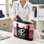 Personalized Cartoon Medical Character Initial Large Capacity Tote Bag with Name and Waterproof Lining Nurse Day Birthday Gift for Doctor Nurse